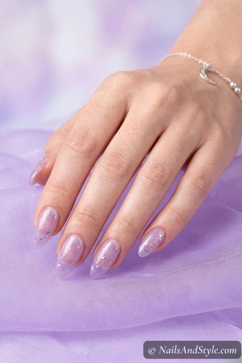 Sheer translucent lilac jelly nails with glassy see-through finish