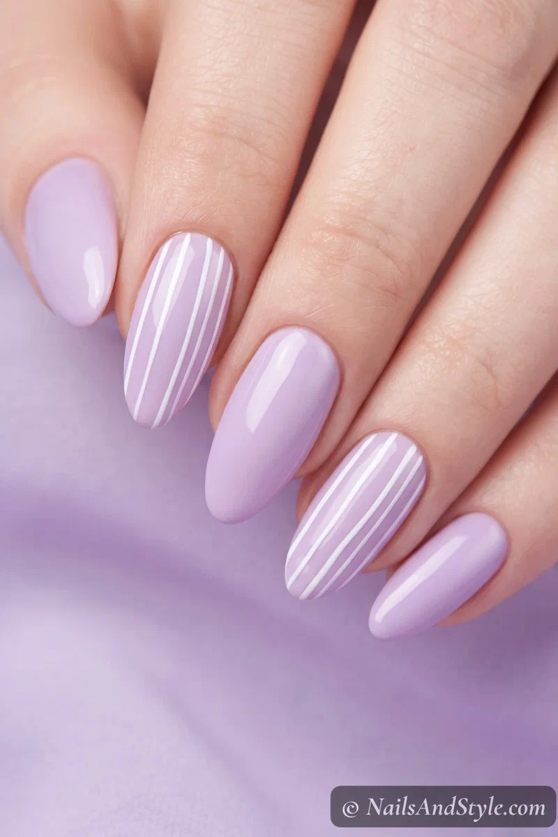 Lilac nails with thin white vertical stripe accent on select nails