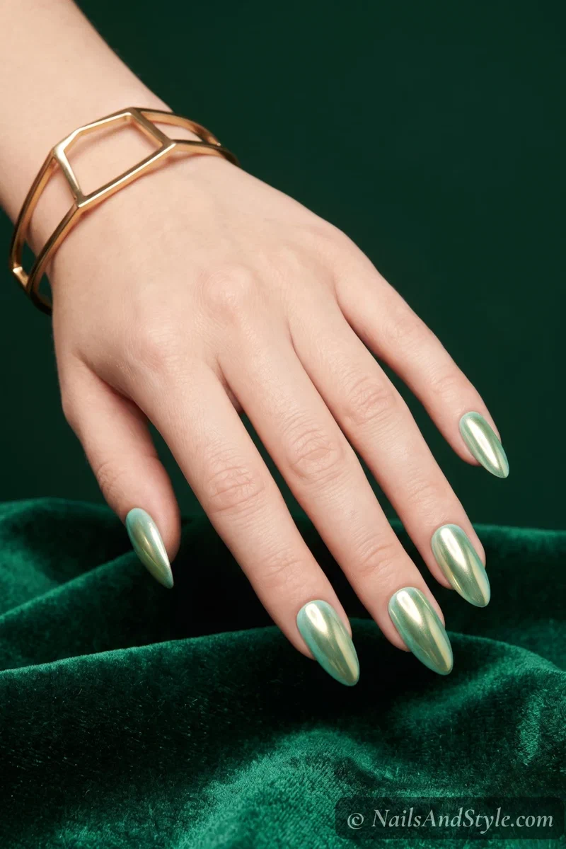 Mint green chrome nails with metallic mirror-like finish