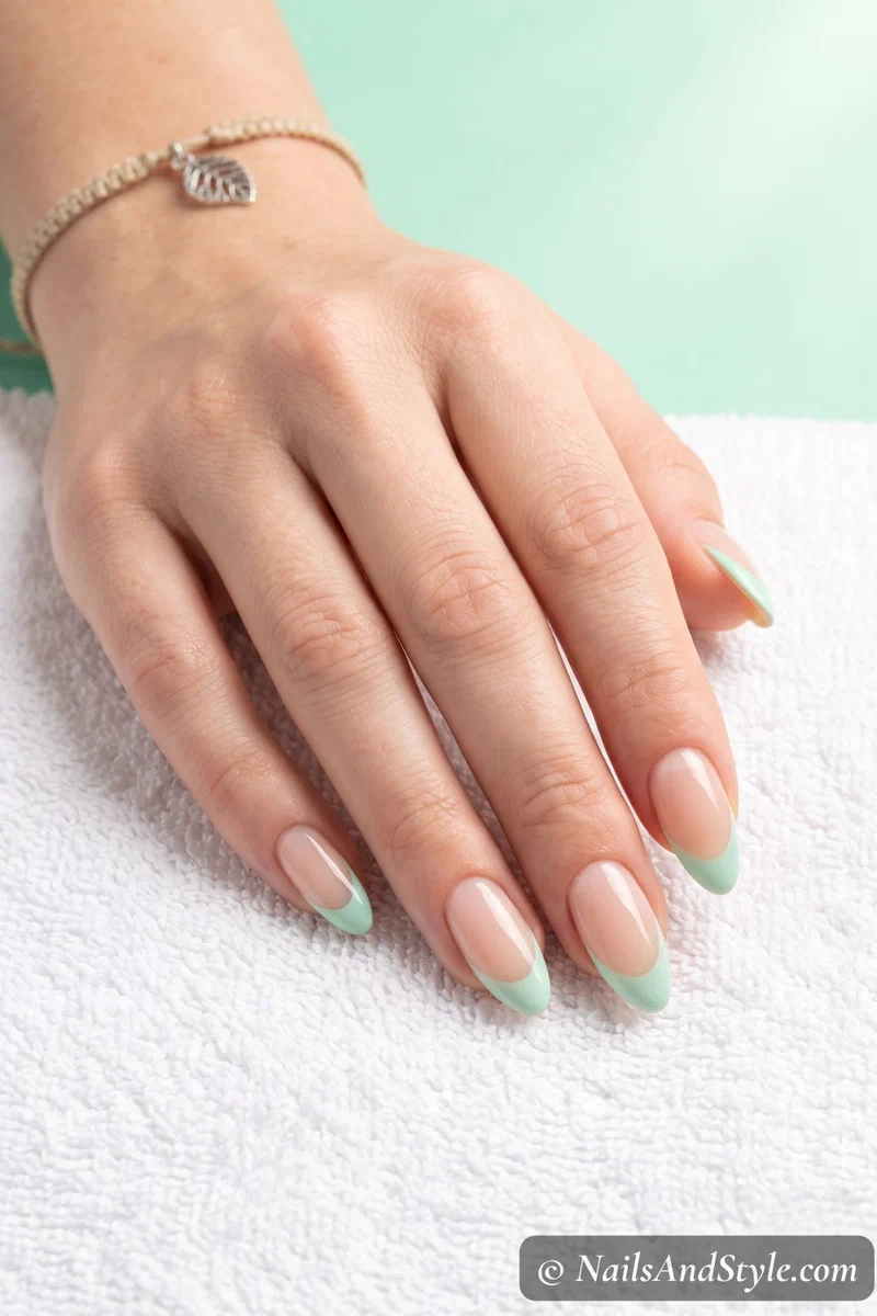 Nude base nails with soft mint green French tips