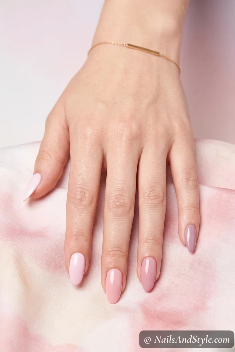 Five nails in graduated pastel shades from lightest to deepest pink