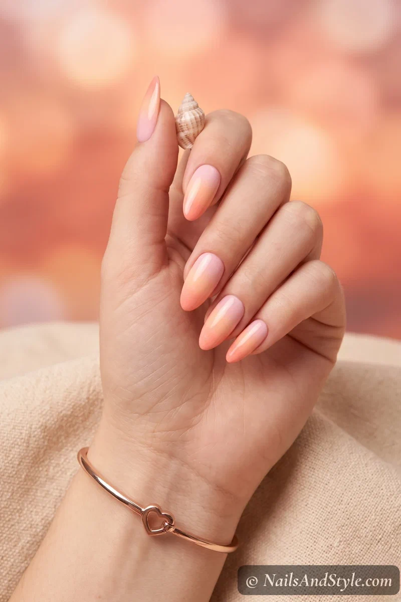 Three-color pastel ombre nails fading from blush to peach to coral