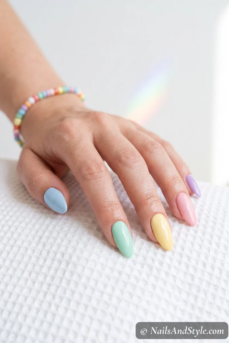 Five different pastel colored nails in rainbow order with glossy finish