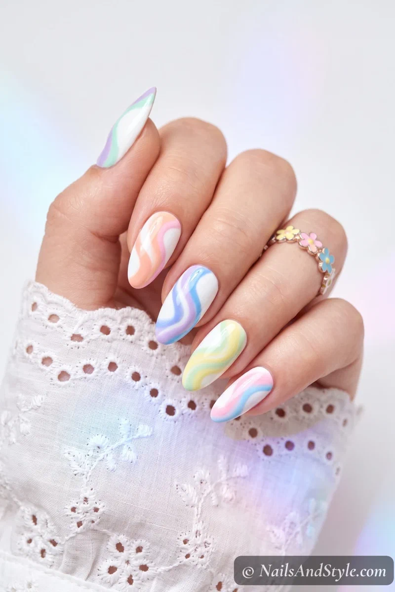 White nails with abstract pastel swirls in lavender mint and peach