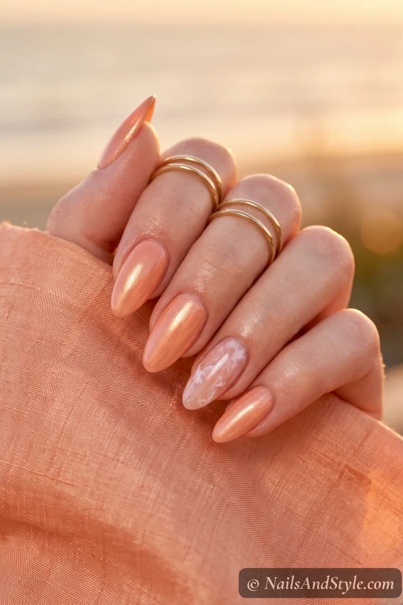 Warm peach nails with subtle iridescent shimmer catching the light