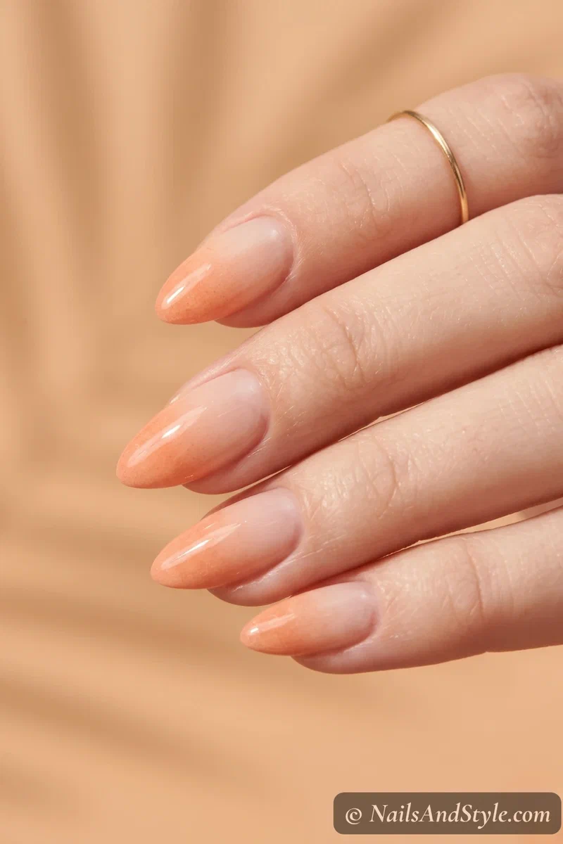 Nude base nails with sponged peach ombre French tips