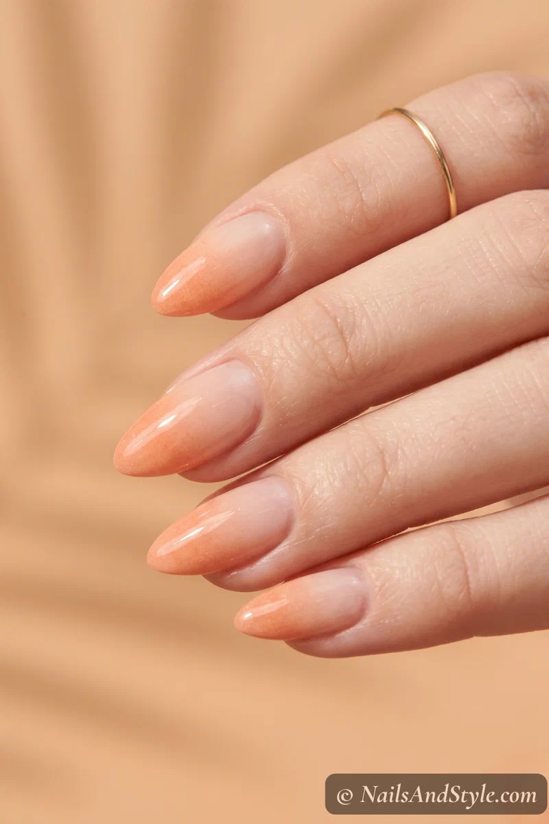 Nude base nails with sponged peach ombre French tips