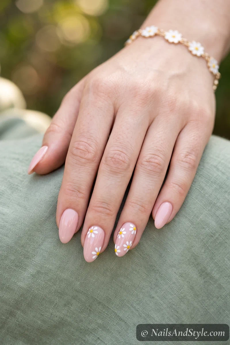 Blush pink nails with tiny hand-painted white daisies on accent nails