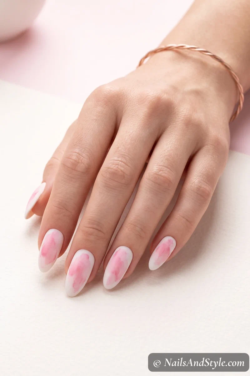 Soft pink watercolor wash nails on white base with matte finish