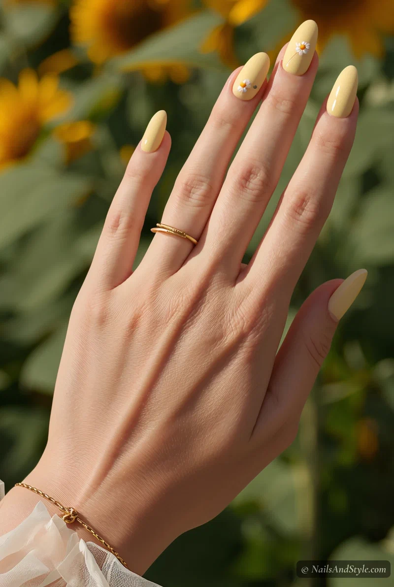 Butter yellow pastel nails with diagonal white daisy trail art