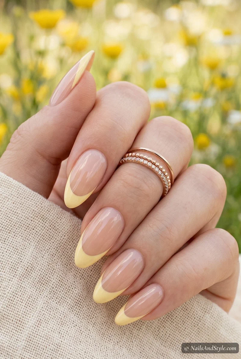 Butter yellow pastel french tip nails on medium almond shape