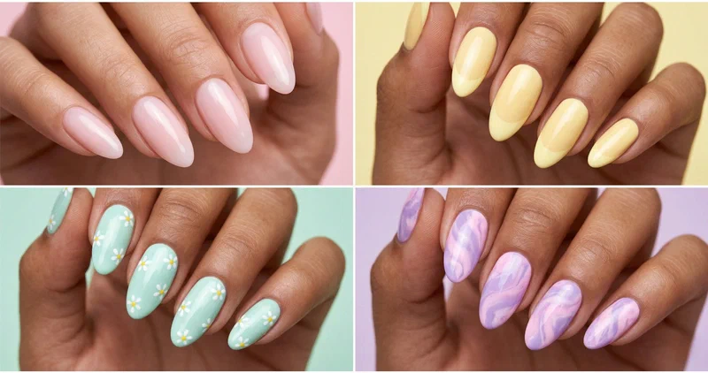 Collage of four pastel summer nail designs including milky pink, butter yellow french tips, mint daisies, and lilac marble swirl