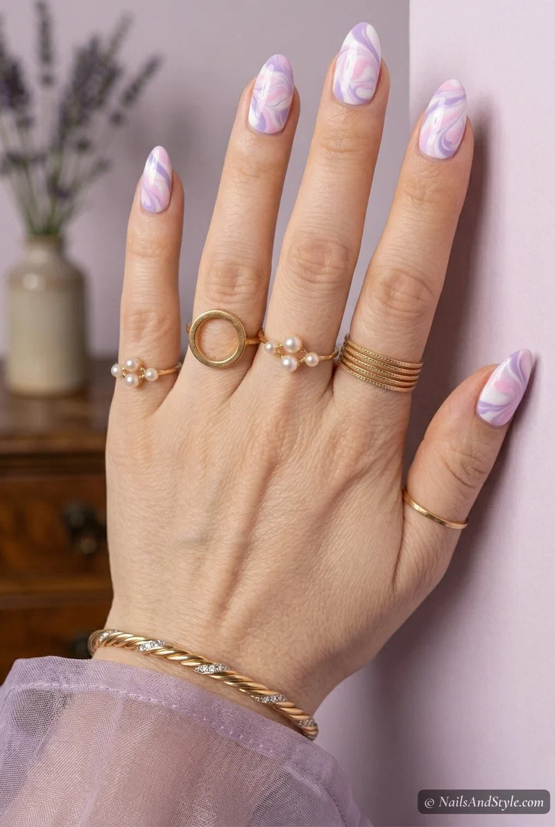 Lavender and pink pastel marble swirl nails on medium almond shape