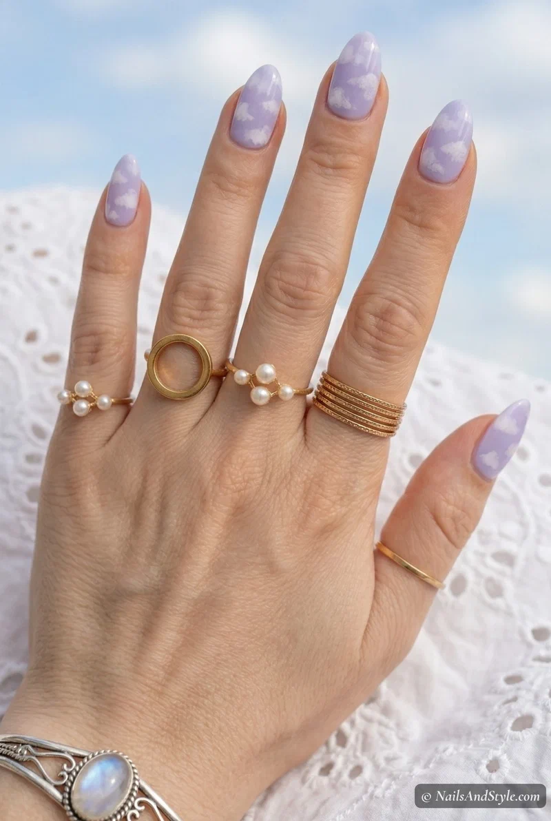 Lilac pastel nails with white cloud art design on medium almond nails