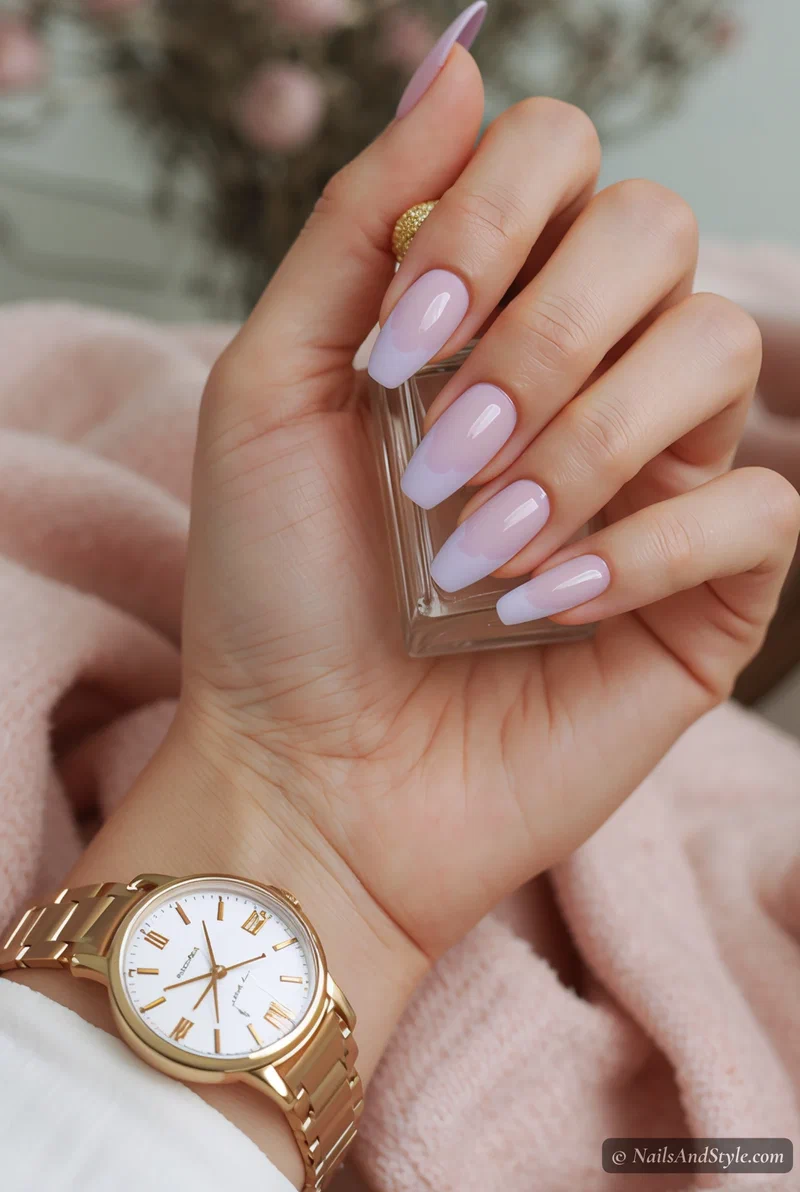 Milky lavender french tip nails on sheer pink base in medium almond shape