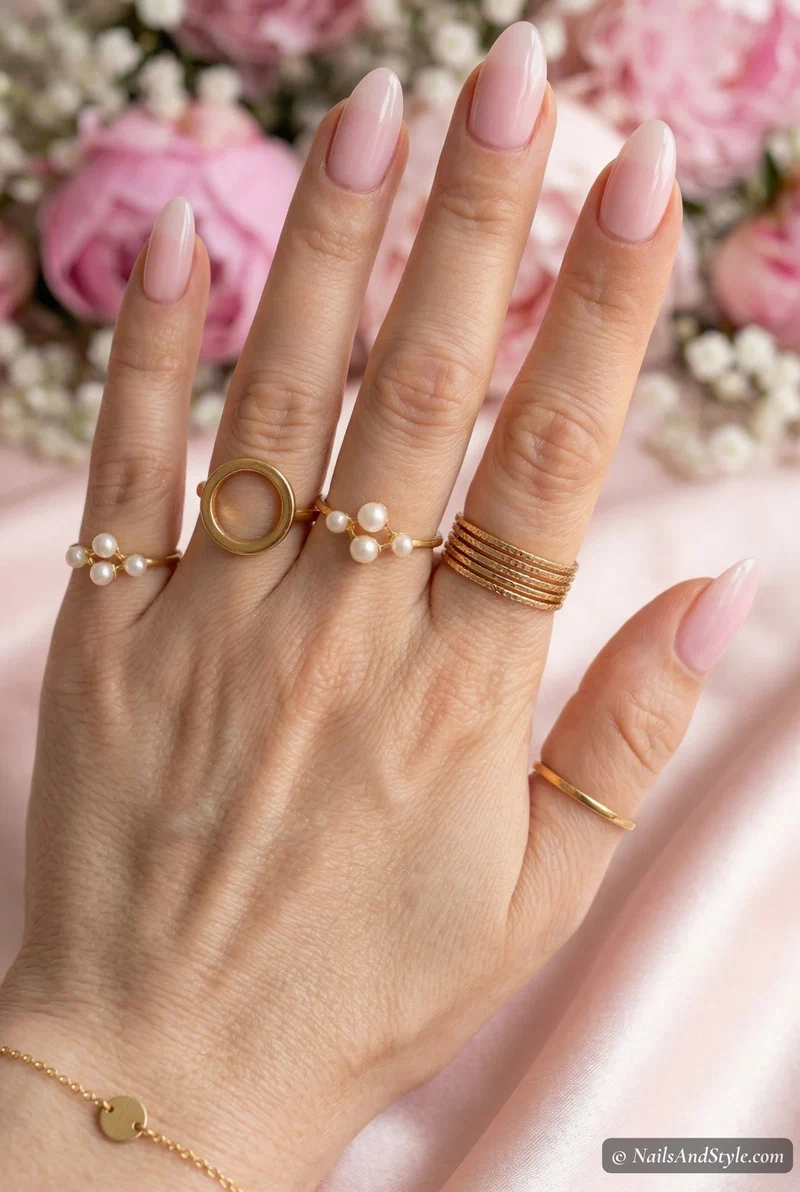 Milky sheer pink nails in medium almond shape with glossy creamy finish