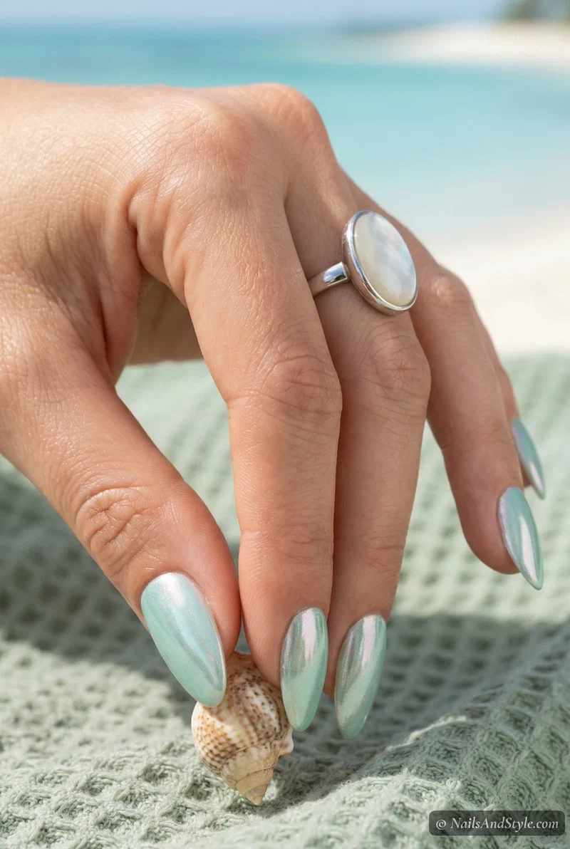 Pastel mint green chrome nails with pearl shimmer finish on almond nails