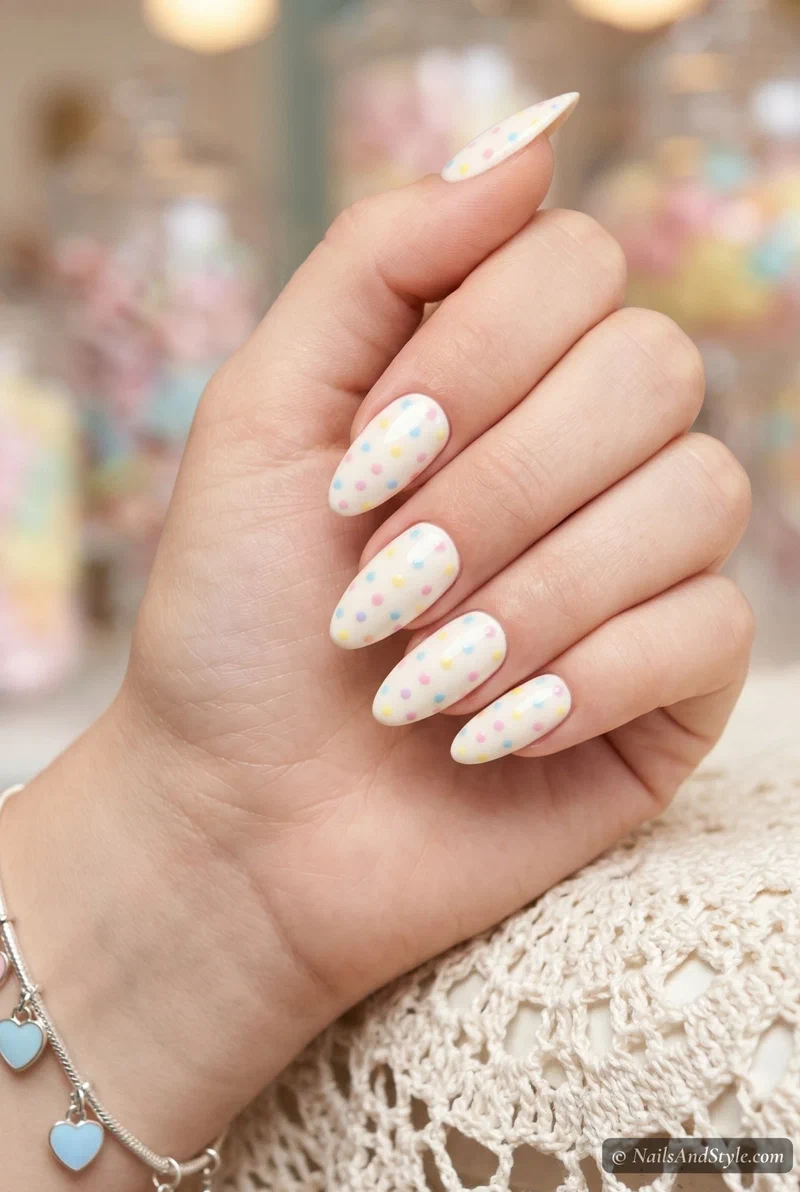 Pastel multi colored polka dot nails on milky white base