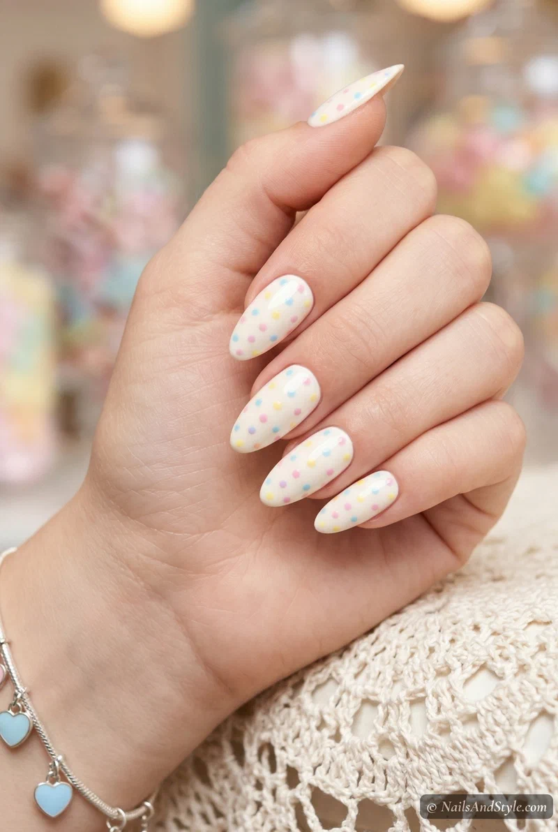Pastel multi colored polka dot nails on milky white base