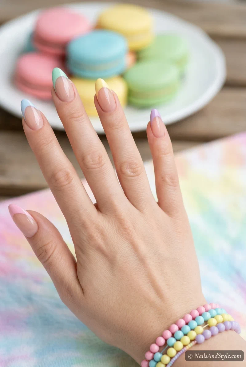 Multi color pastel rainbow french tip nails in pink blue mint yellow and lilac