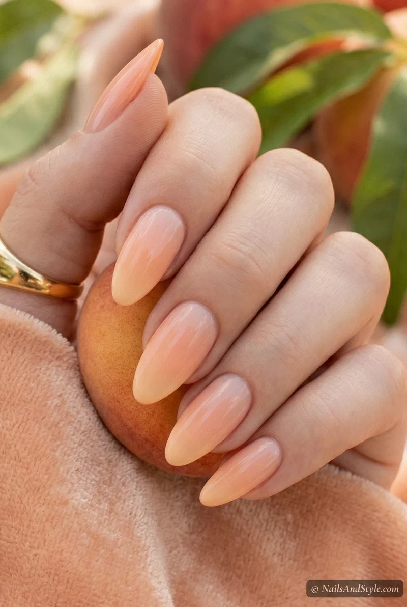 Pastel peach ombre nails fading from peach to apricot on medium almond nails