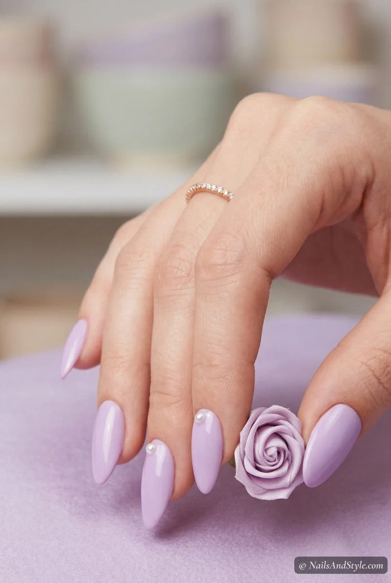 Lilac pastel nails with pearl accent embellishment on ring finger