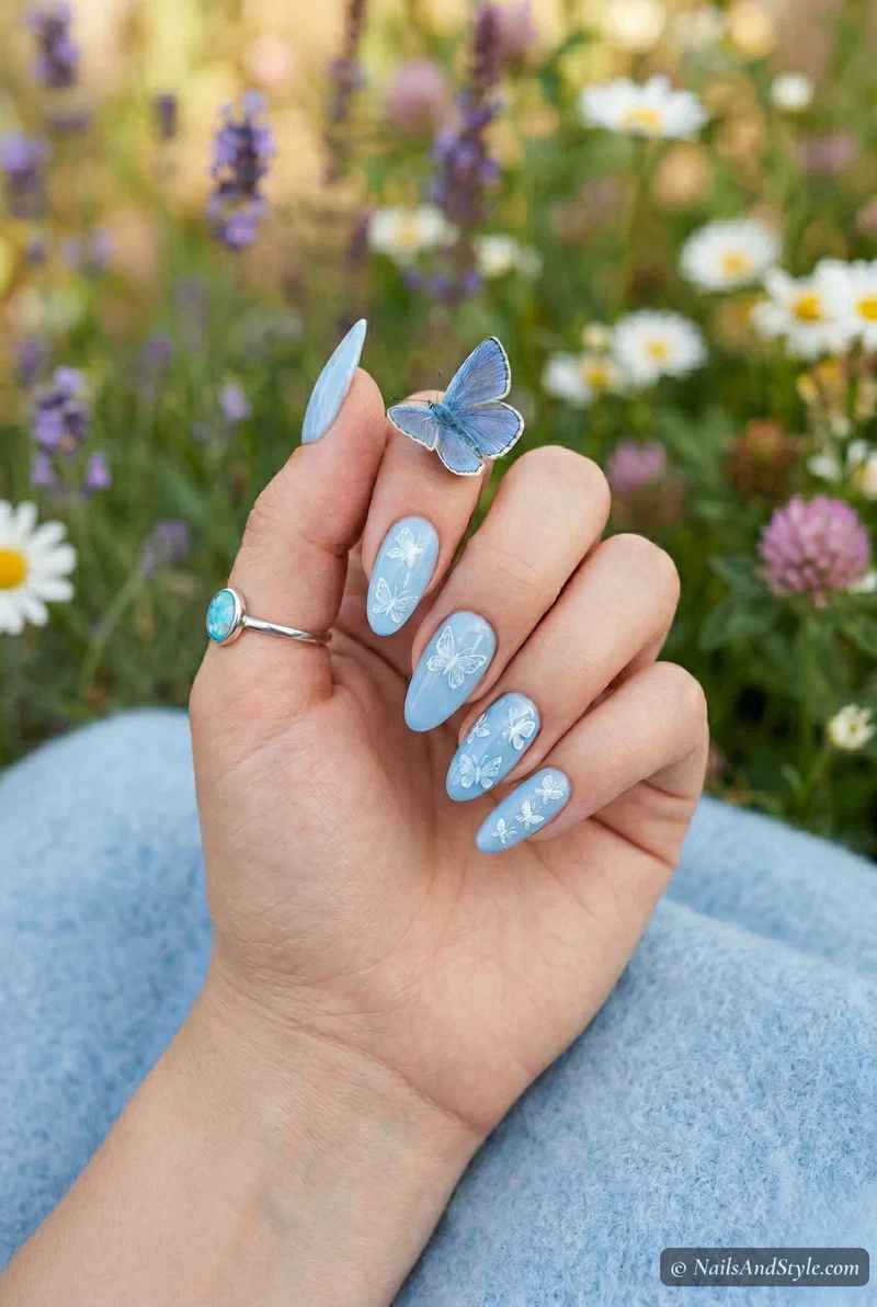 Pastel sky blue nails with white butterfly silhouette accent art