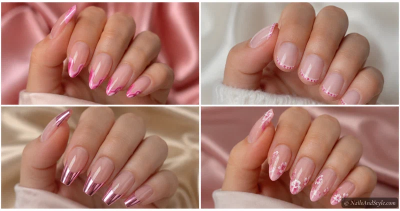 Four stylish pink French tip nail designs — a swirl tip, a floral tip, a glitter-line tip, and a chrome tip