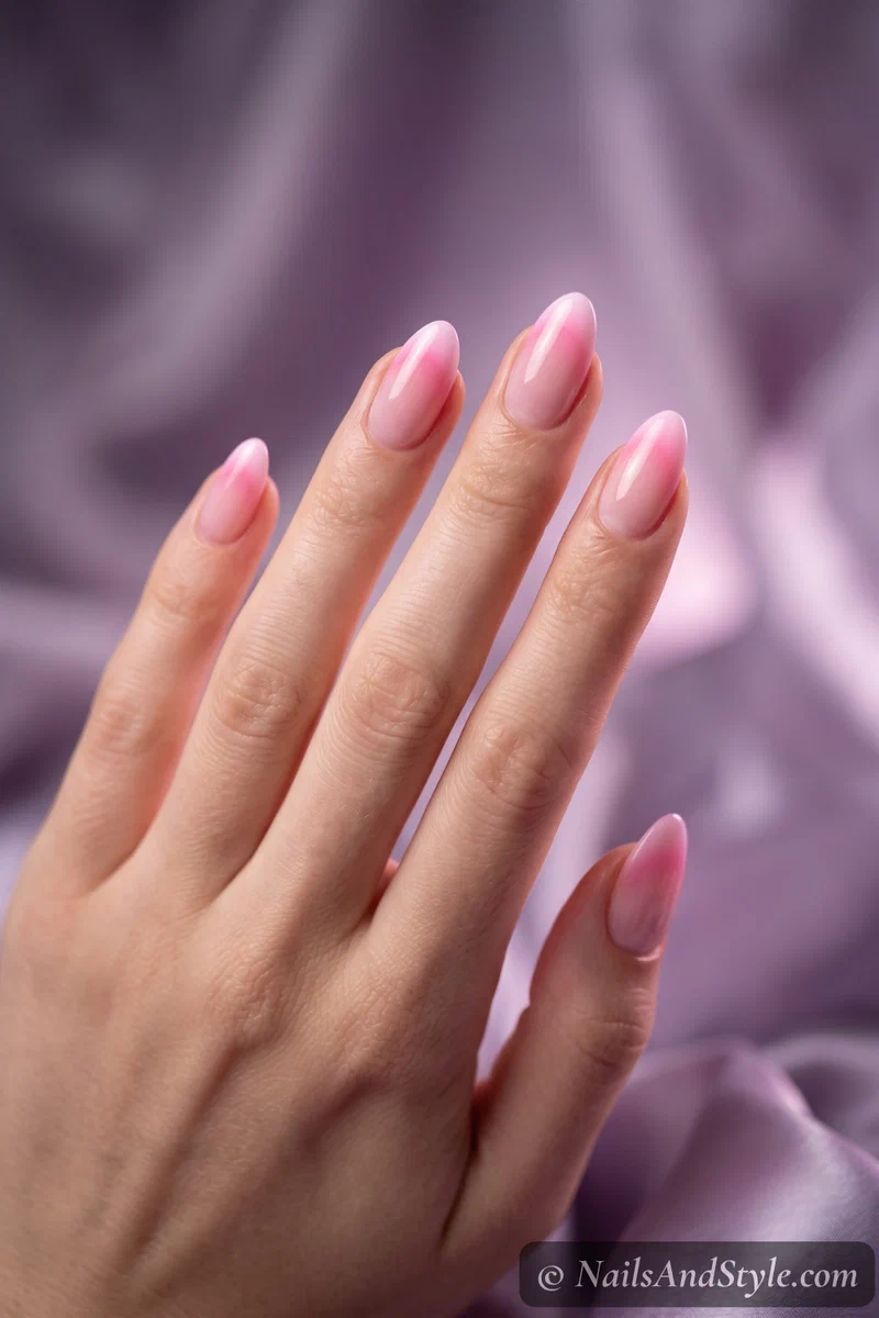 Pink aura French tips with a soft airbrushed glow at the tip