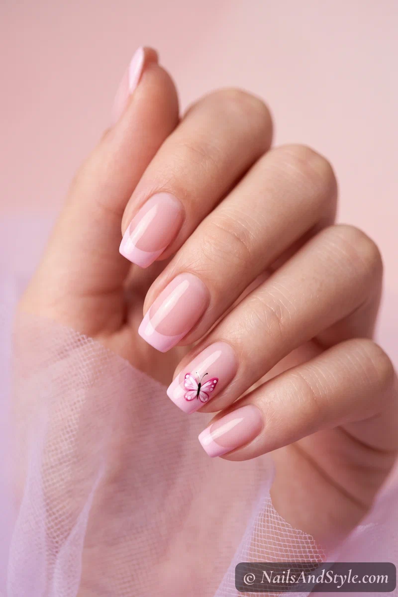 Pink French tips with a tiny butterfly at the tip corner