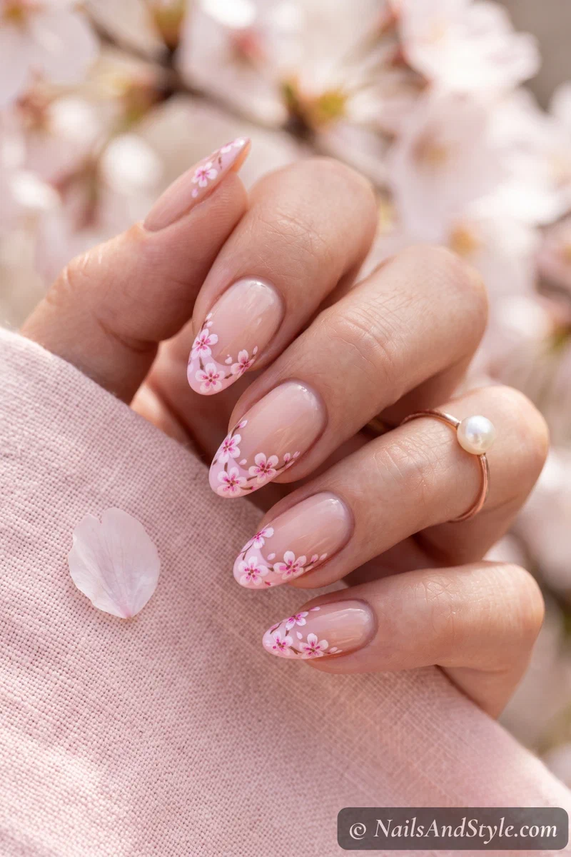 Pink French tips with small cherry blossom accents near the tip