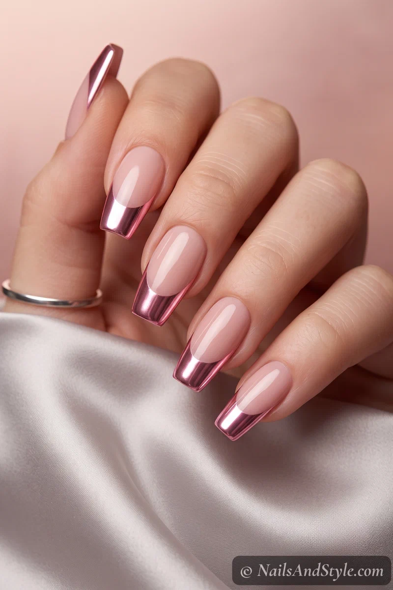 Pink French tips with a mirror chrome finish