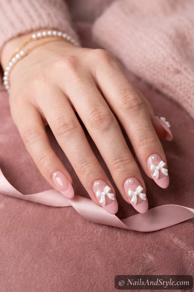 Pink French tips finished with a tiny bow and pearl