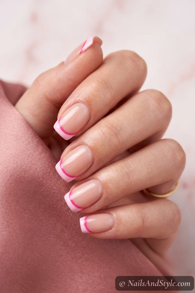 Baby pink French tips with a thin hot pink second line