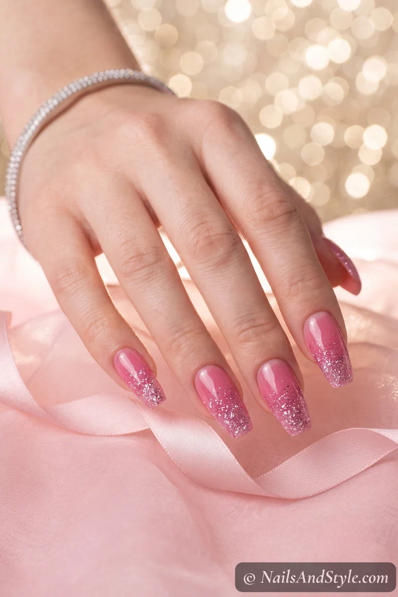 Pink French tips fading into fine glitter at the edge