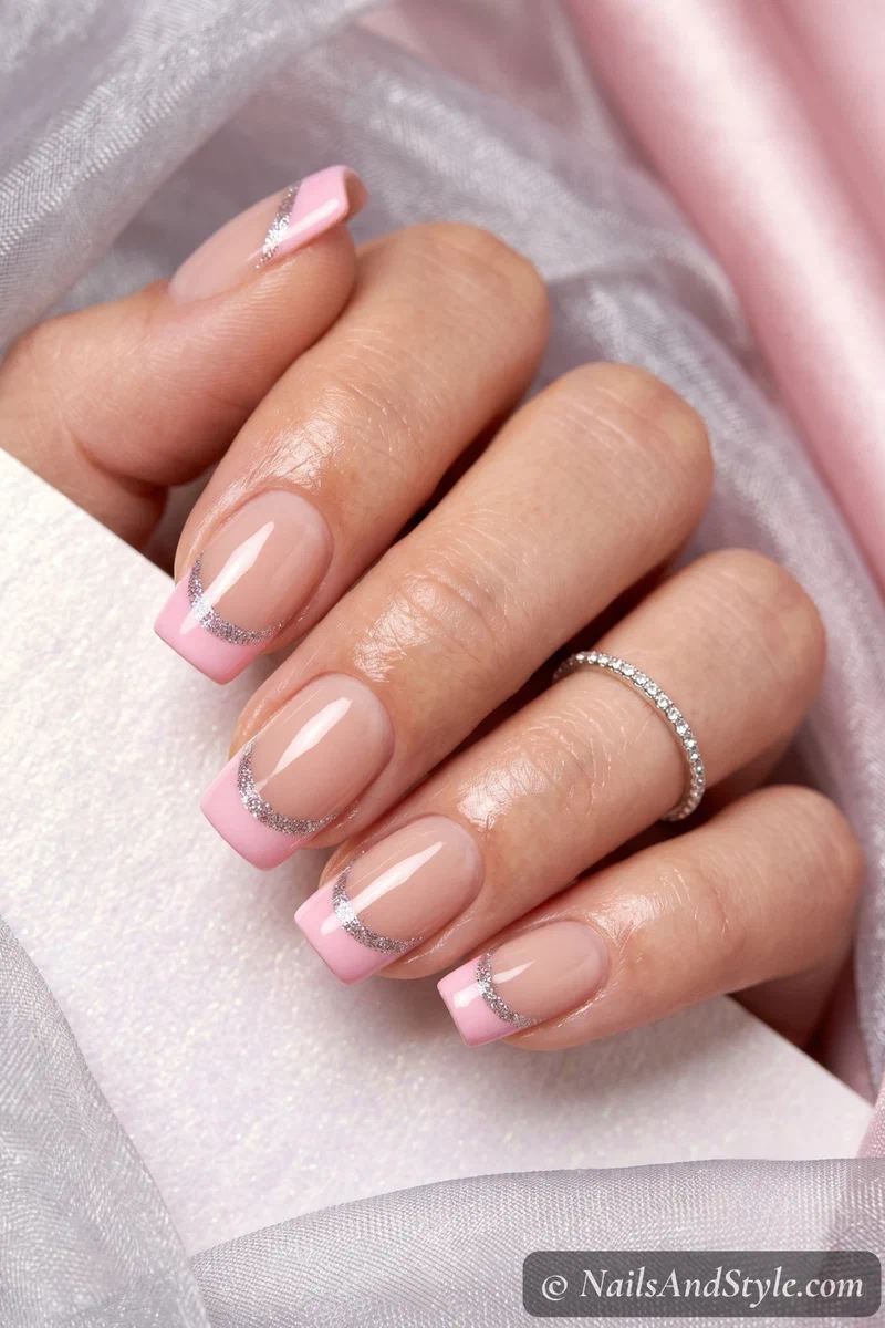 Pink French tips with a thin silver glitter line at the base of the tip