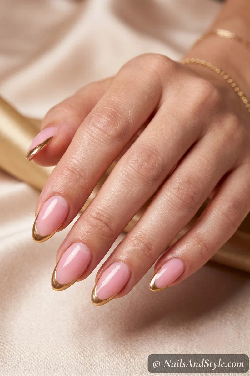 Soft pink French tips outlined with a thin gold line