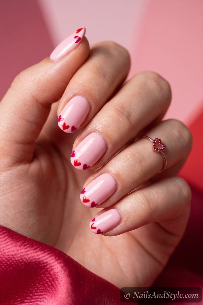 Pink French tips with tiny painted hearts at the tips