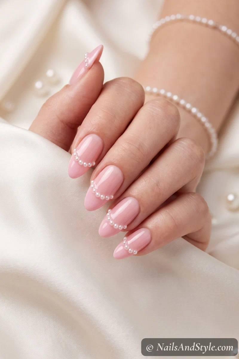 Pink French tips lined with a row of tiny pearls