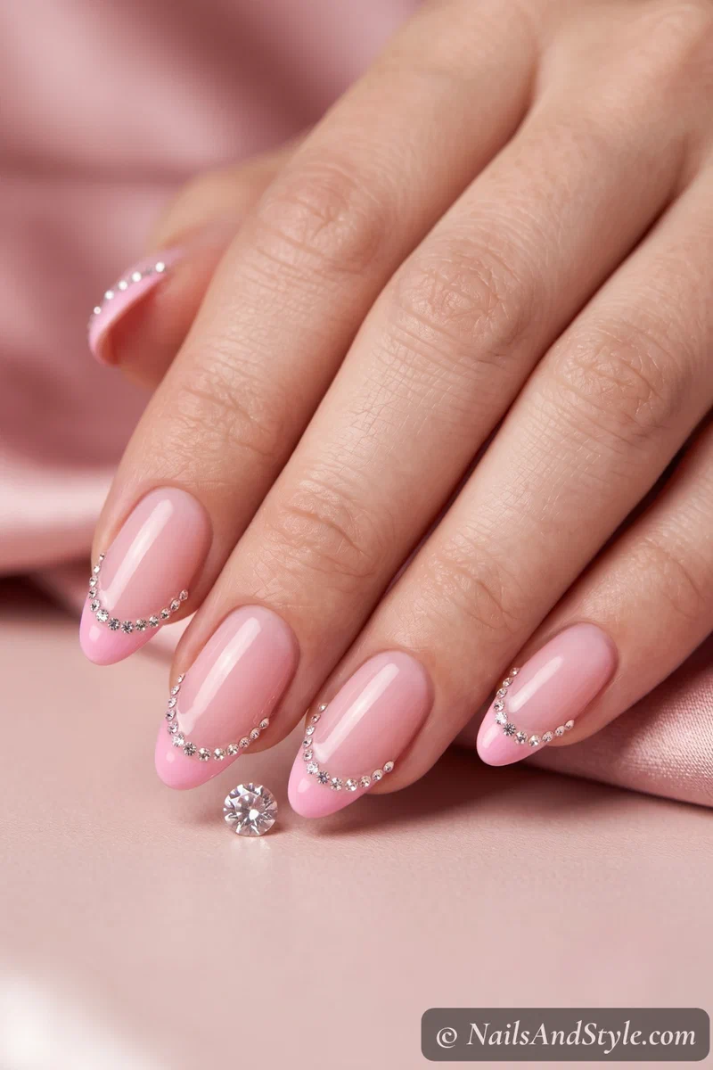 Pink French tips with a fine line of rhinestones