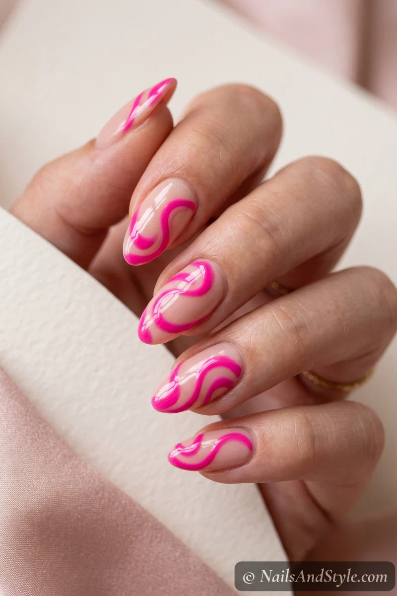 Pink swirl French tip nails with a wavy hot-pink smile line