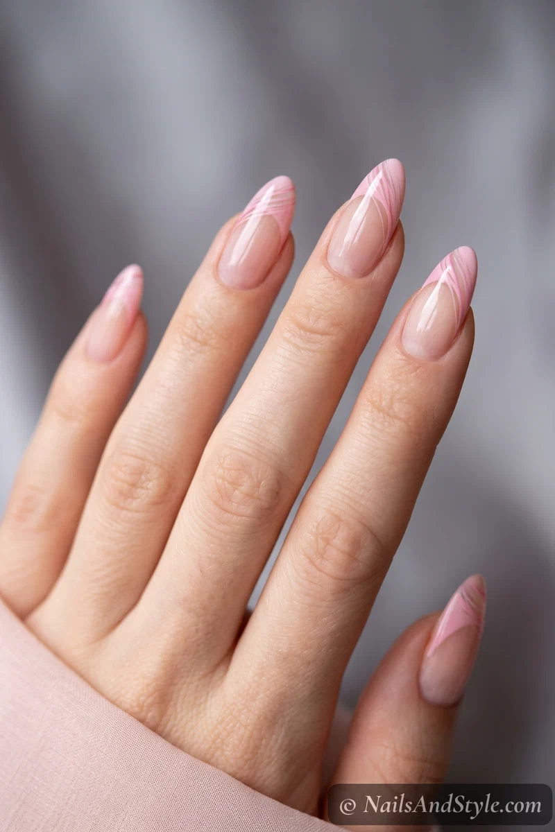 Pink French tips made of fine wispy hand-drawn lines