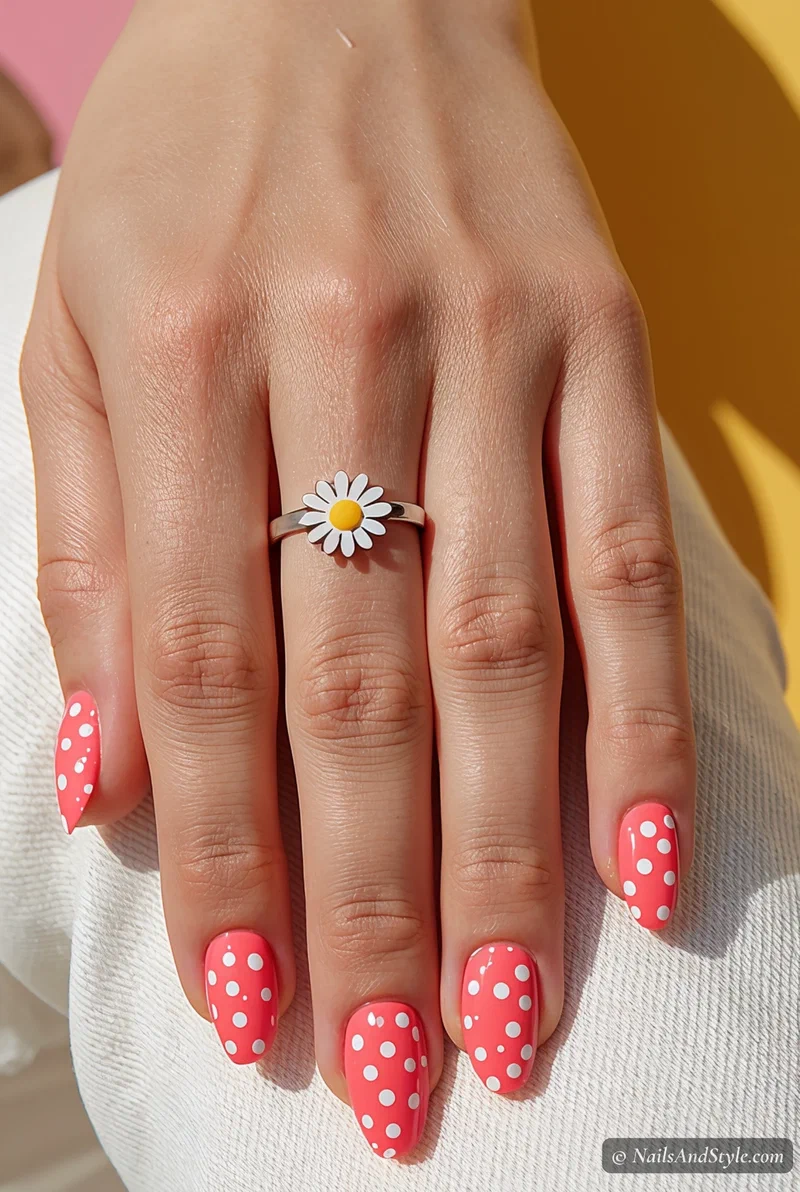 Bubblegum pink nails with scattered white polka dots