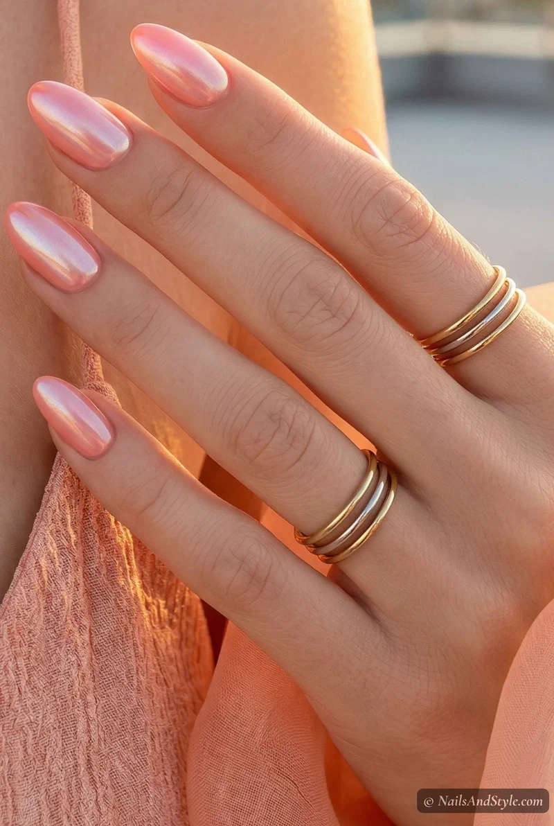 Coral pink glazed donut nails with pearlescent chrome finish