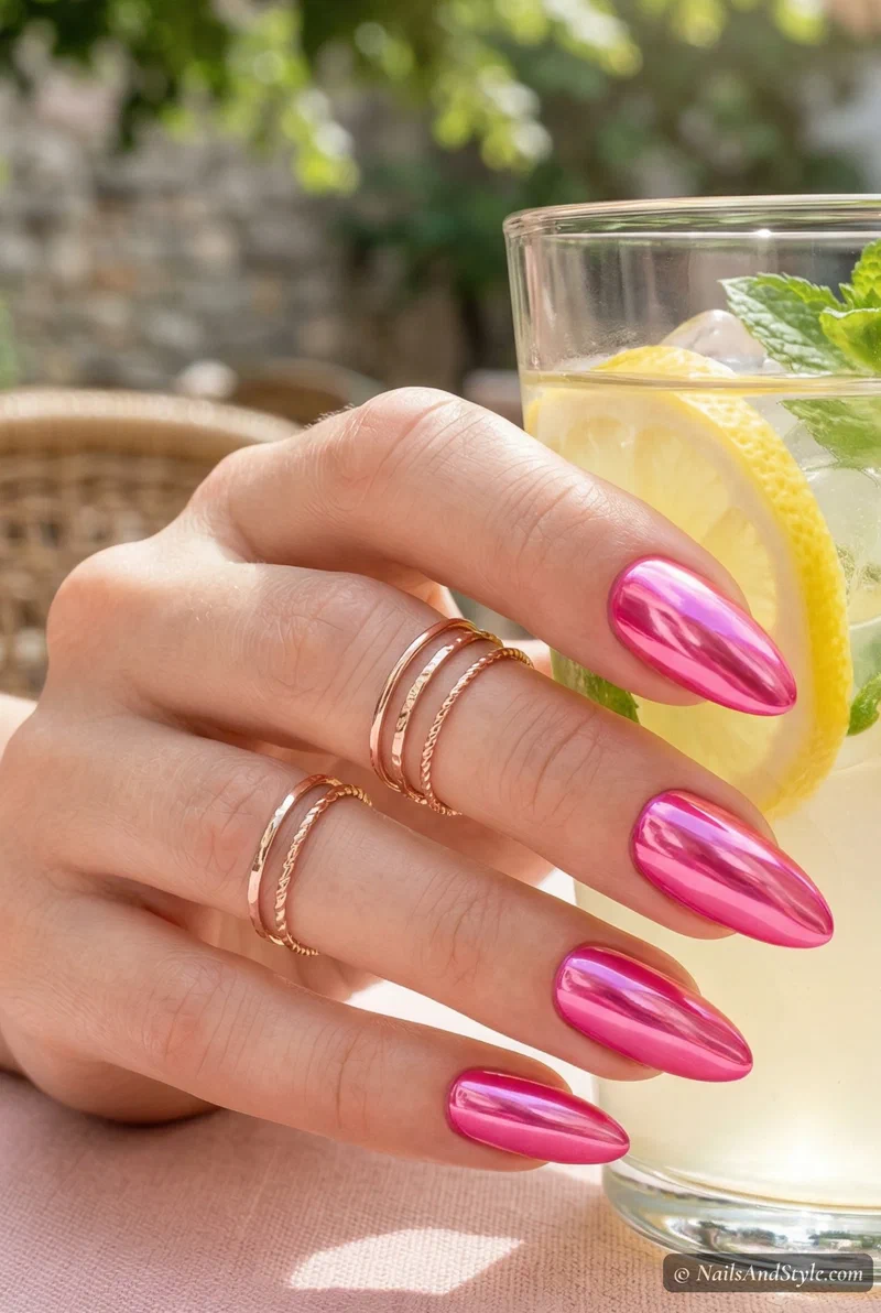 Hot pink chrome mirror nails on medium almond shape