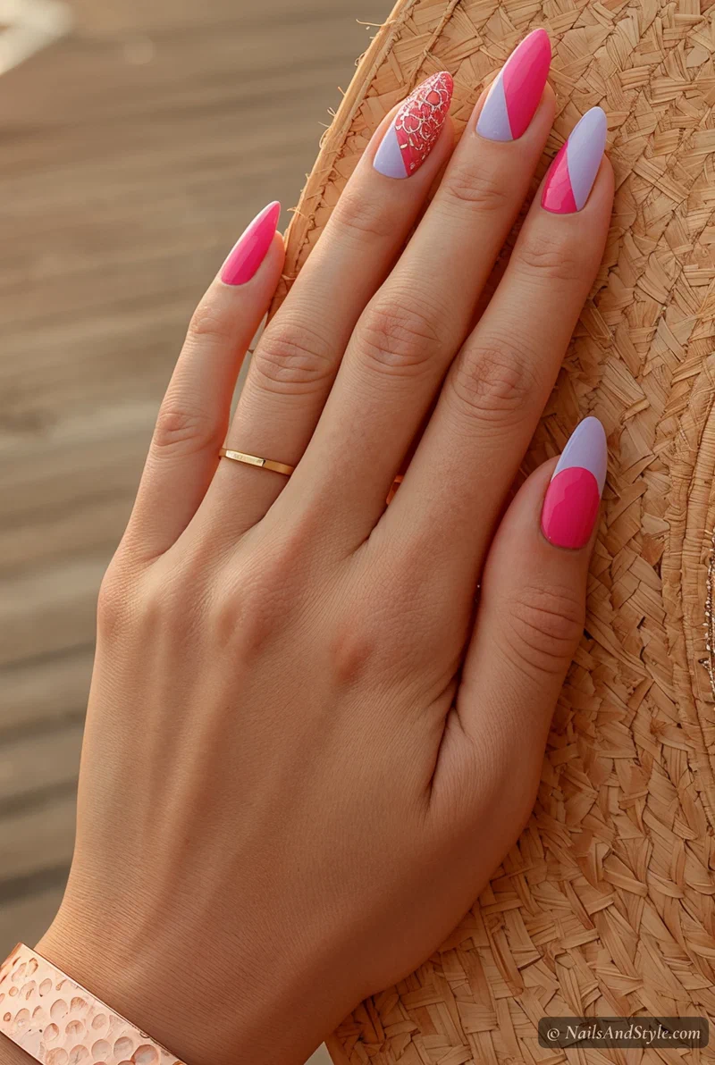 Hot pink and lavender color block nails with diagonal split design