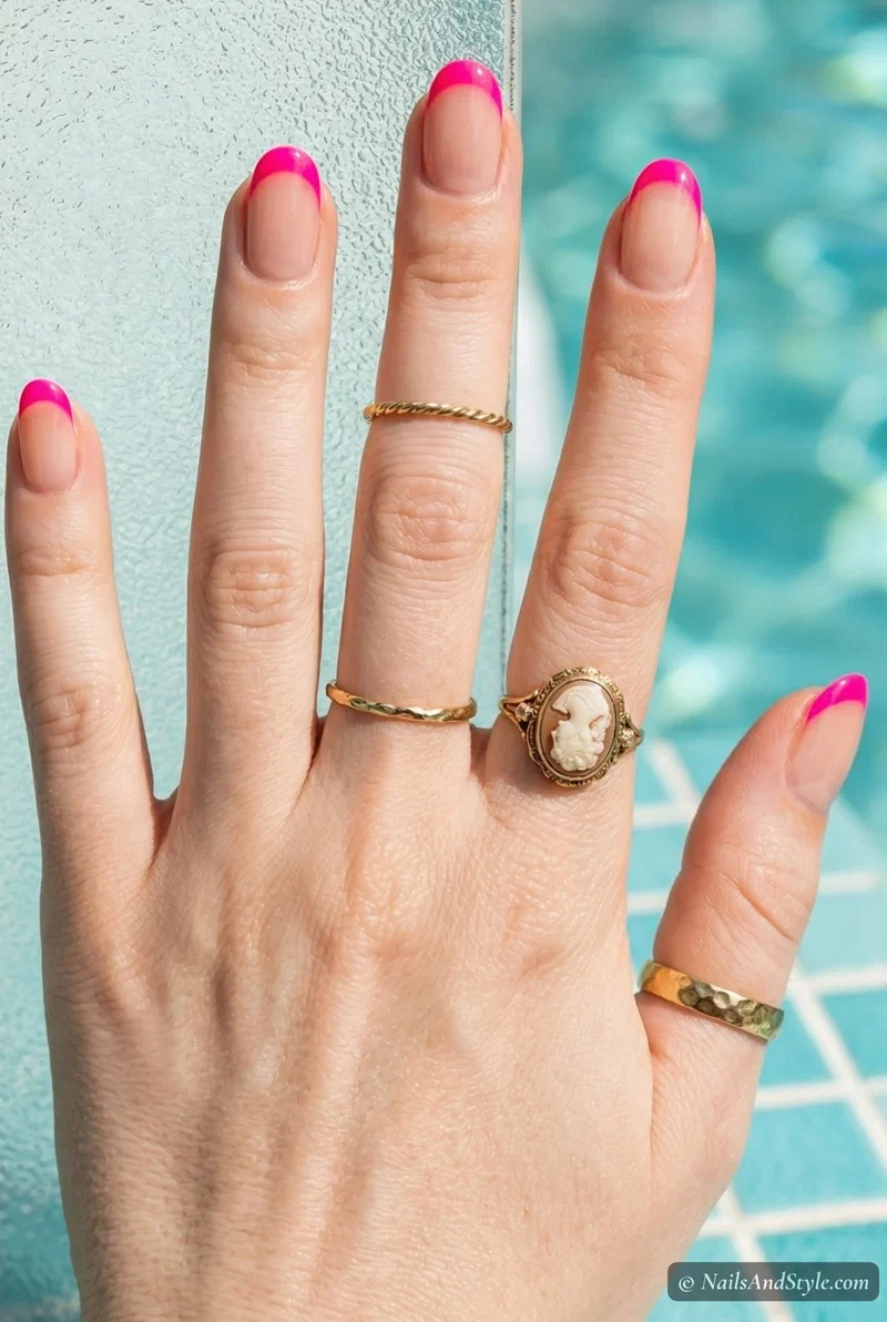 Neon pink French tip nails on medium round nails