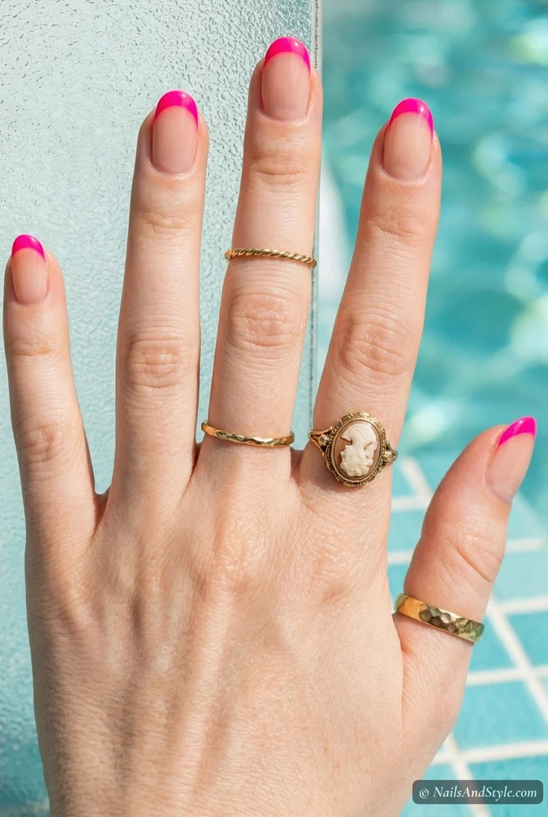 Neon pink French tip nails on medium round nails