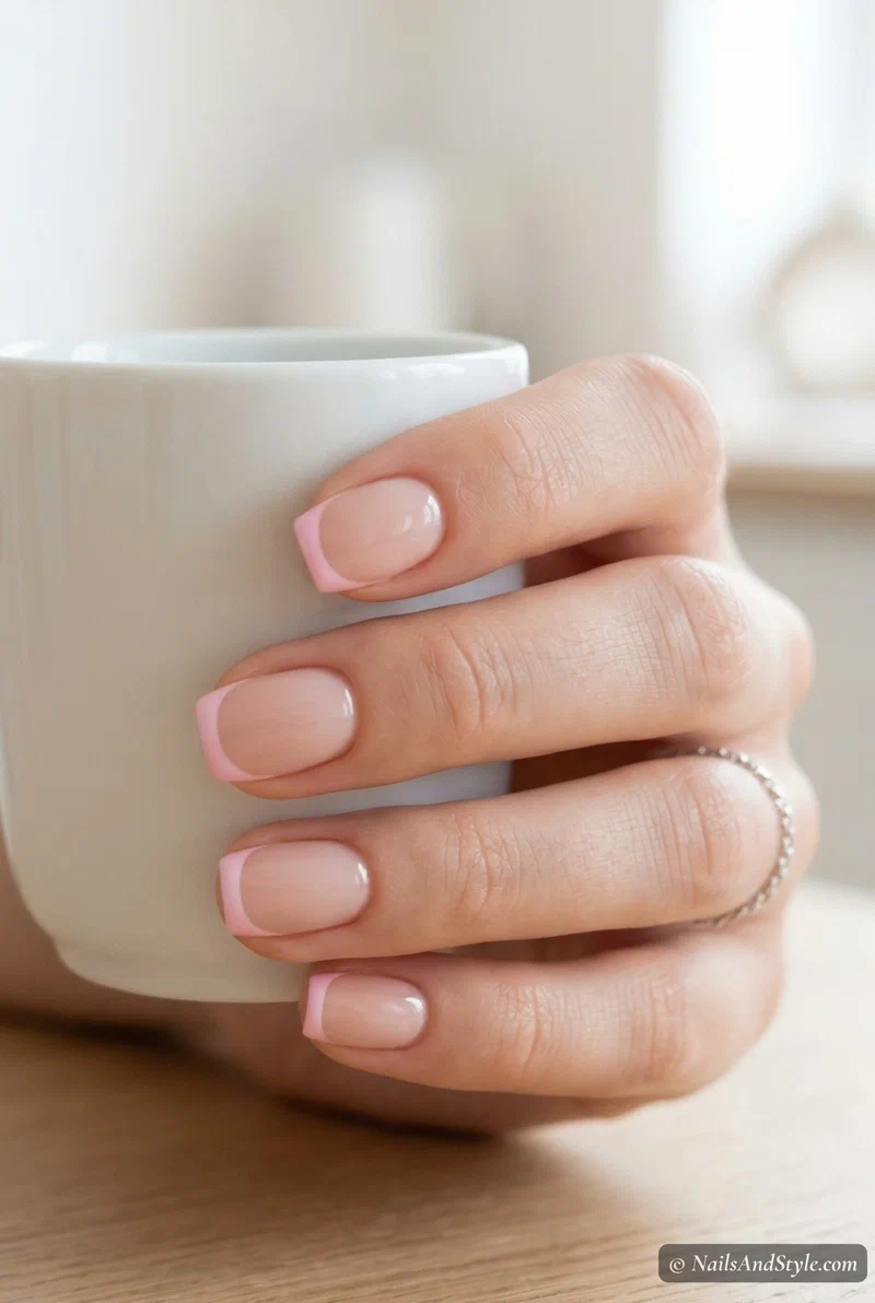 Pastel pink French tip nails on short squoval nails