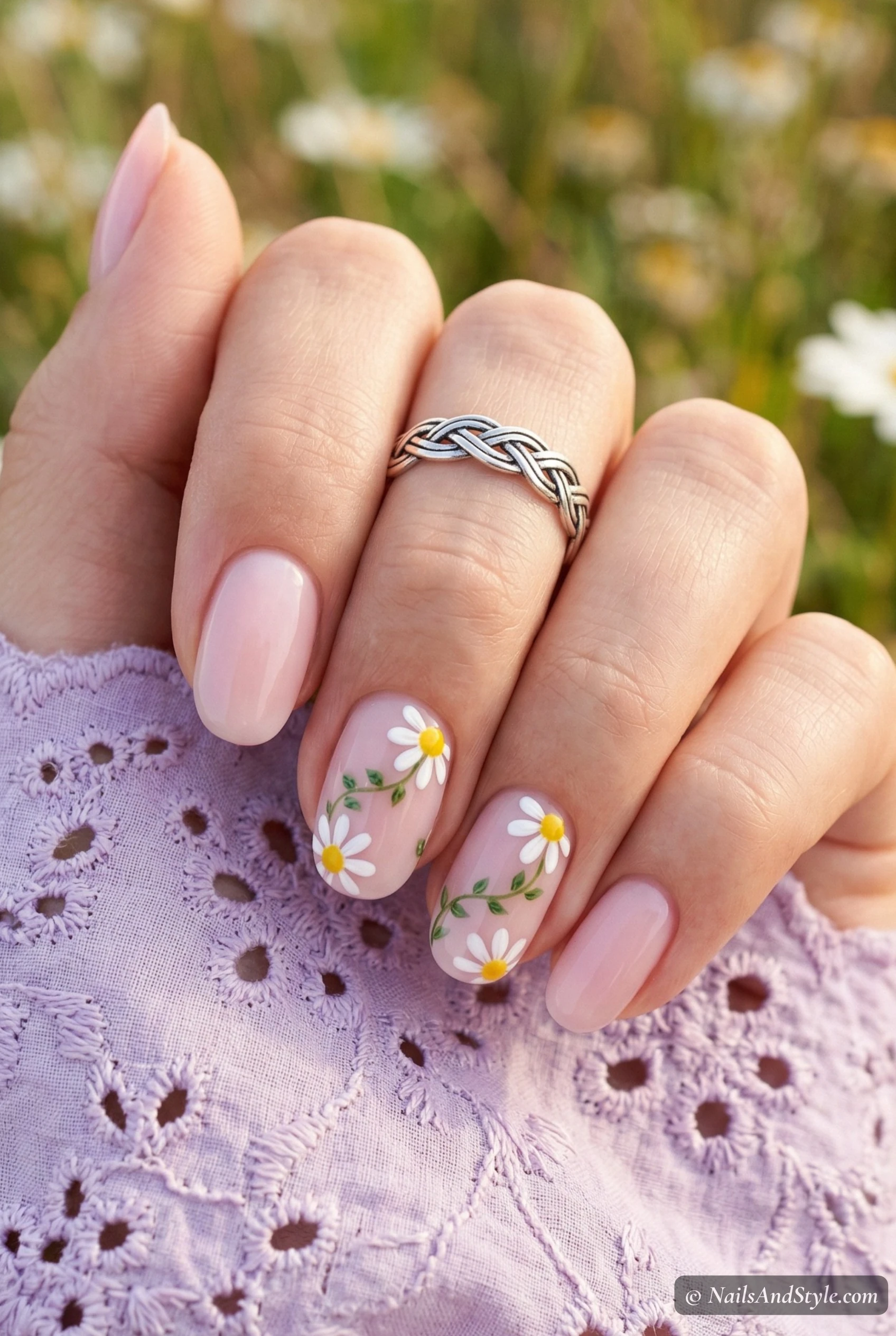 Pink daisy chain nails